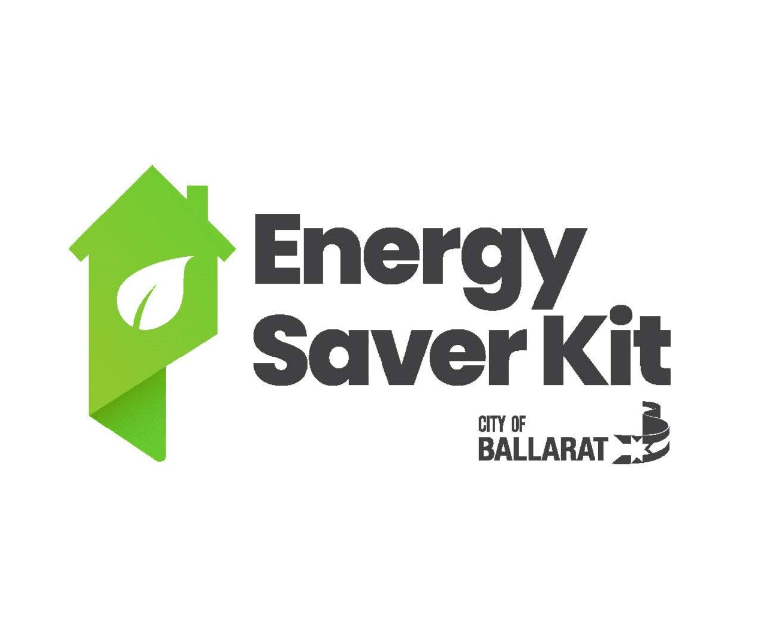 Energy Saver Kit logo features a simplistic green house with a leaf cut out in it, alongside the City of Ballarat logo.