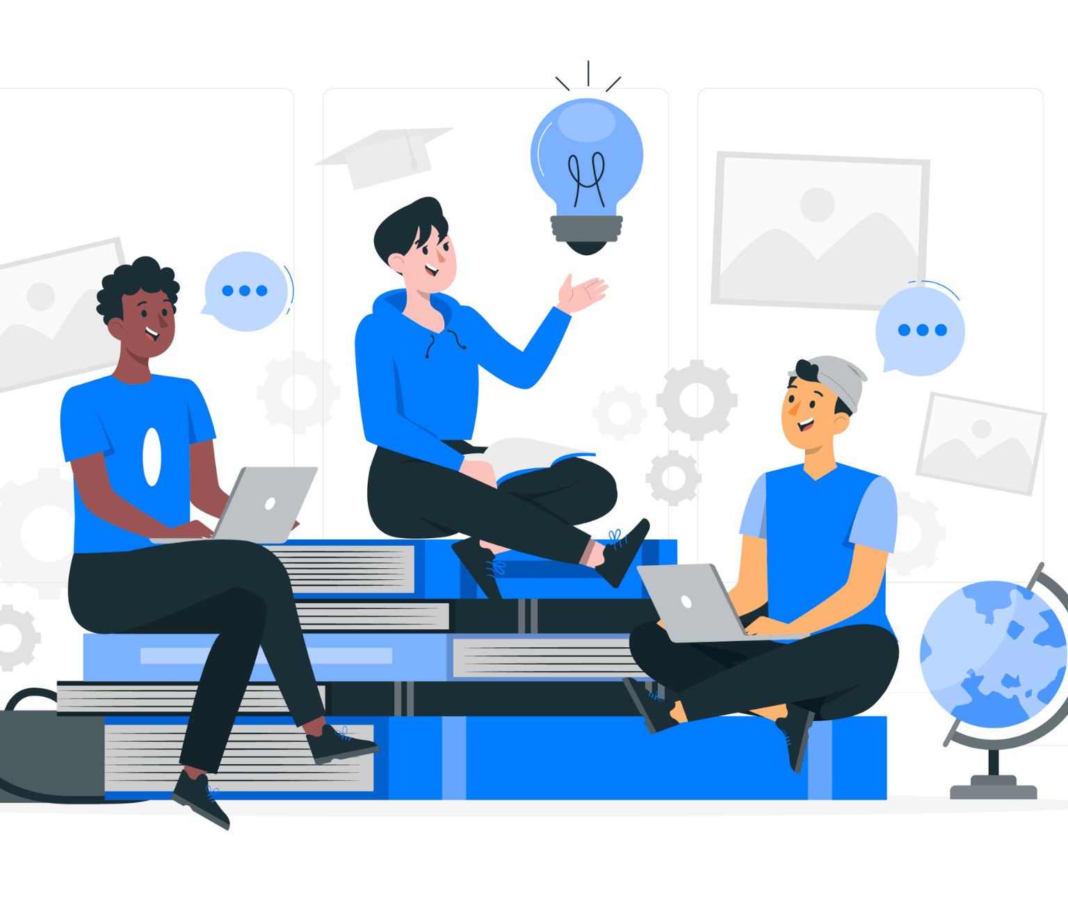 A cartoon graphic shows 3 people in blue tops. Two have laptops open on their laps and one has an open book. There are blank speech bubbles coming from two on the people and the other is holding a light globe.