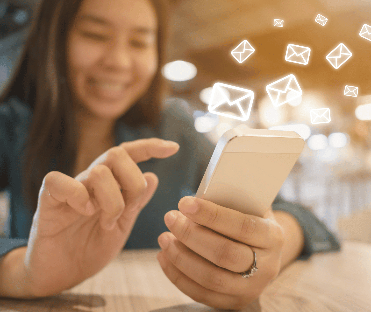 A woman smiles as she uses her phone, the email symbol filling the air around the phone.