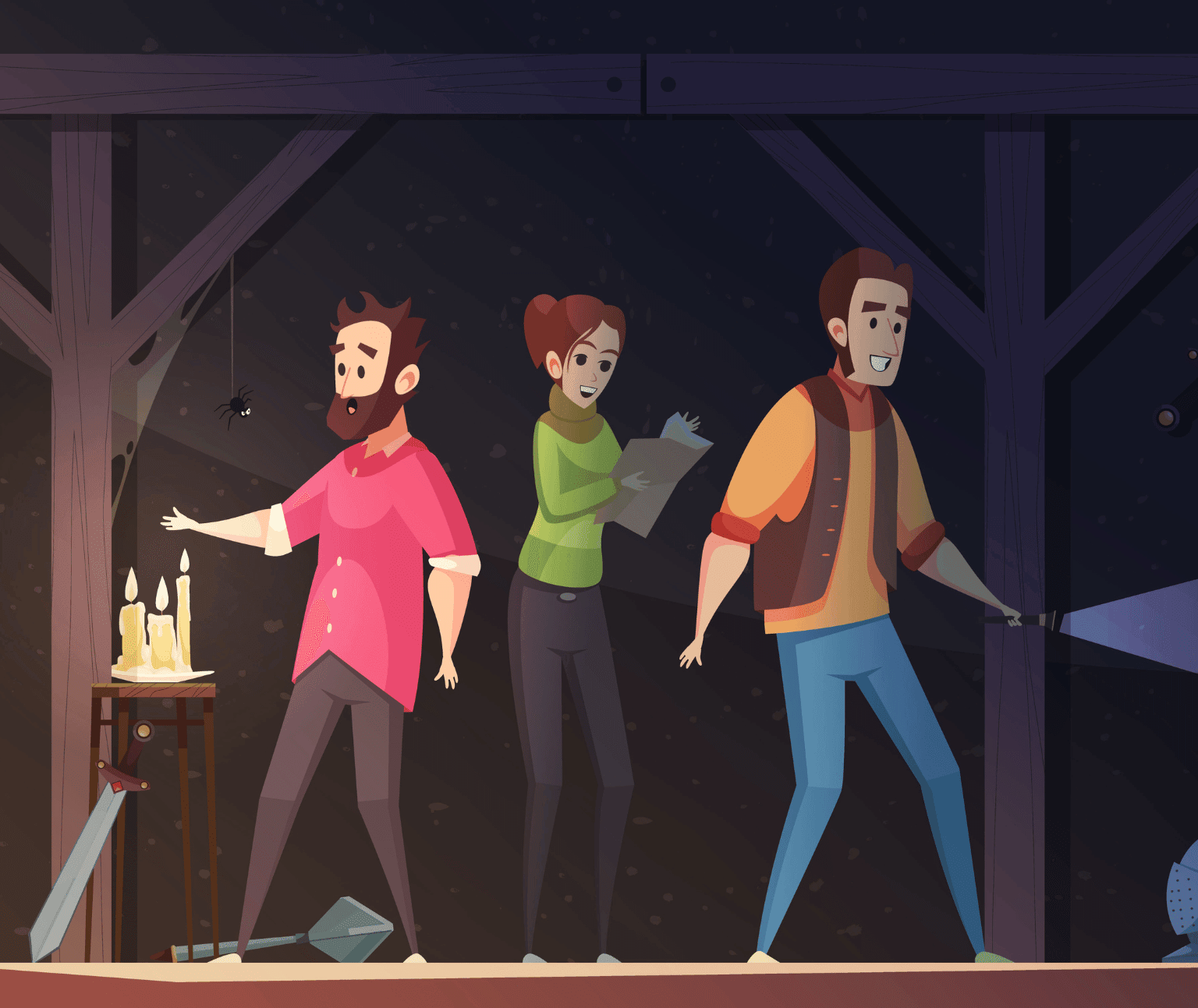 Cartoon image of three people exploring a darkened area by torchlight.