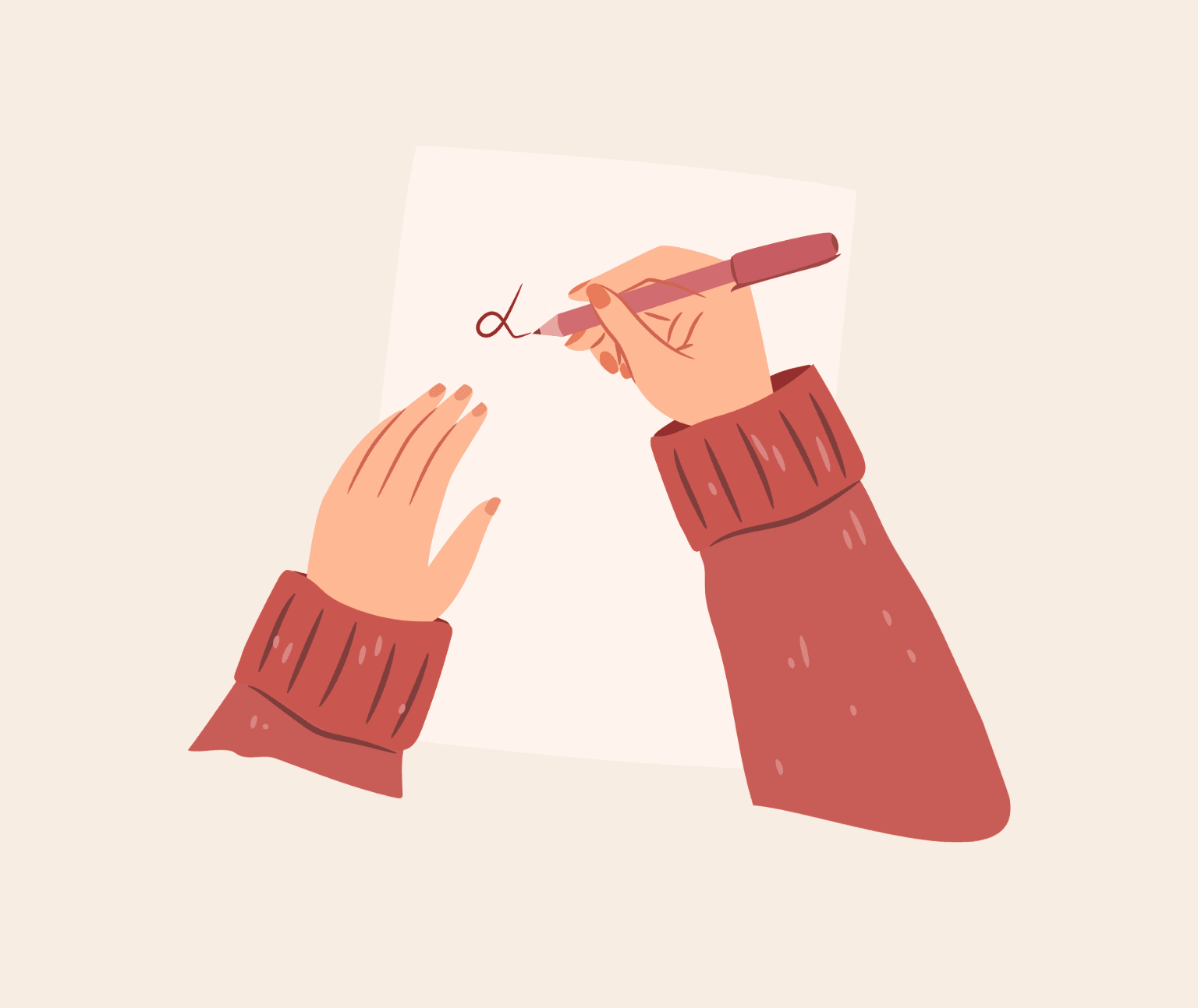 Close up of illustrated image of hands writing a letter.