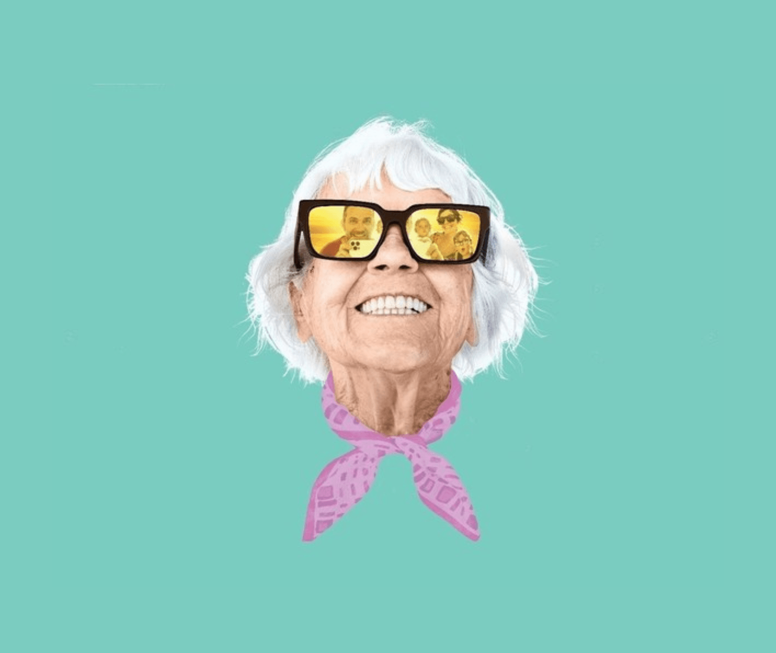 Stylisted image of an older lady wearing polarised glasses with a family reflected in the lenses.