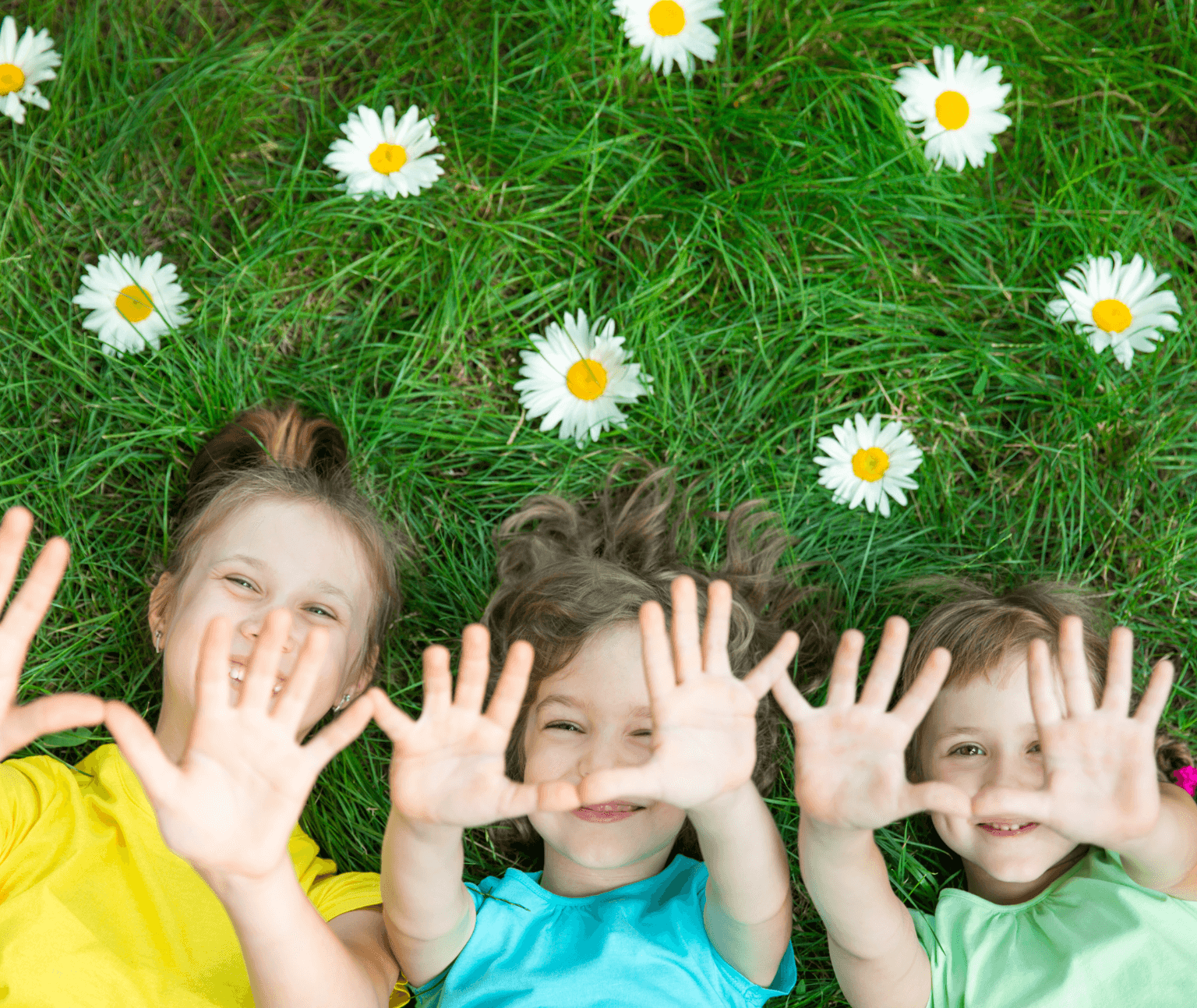 Three children against a field of flowers