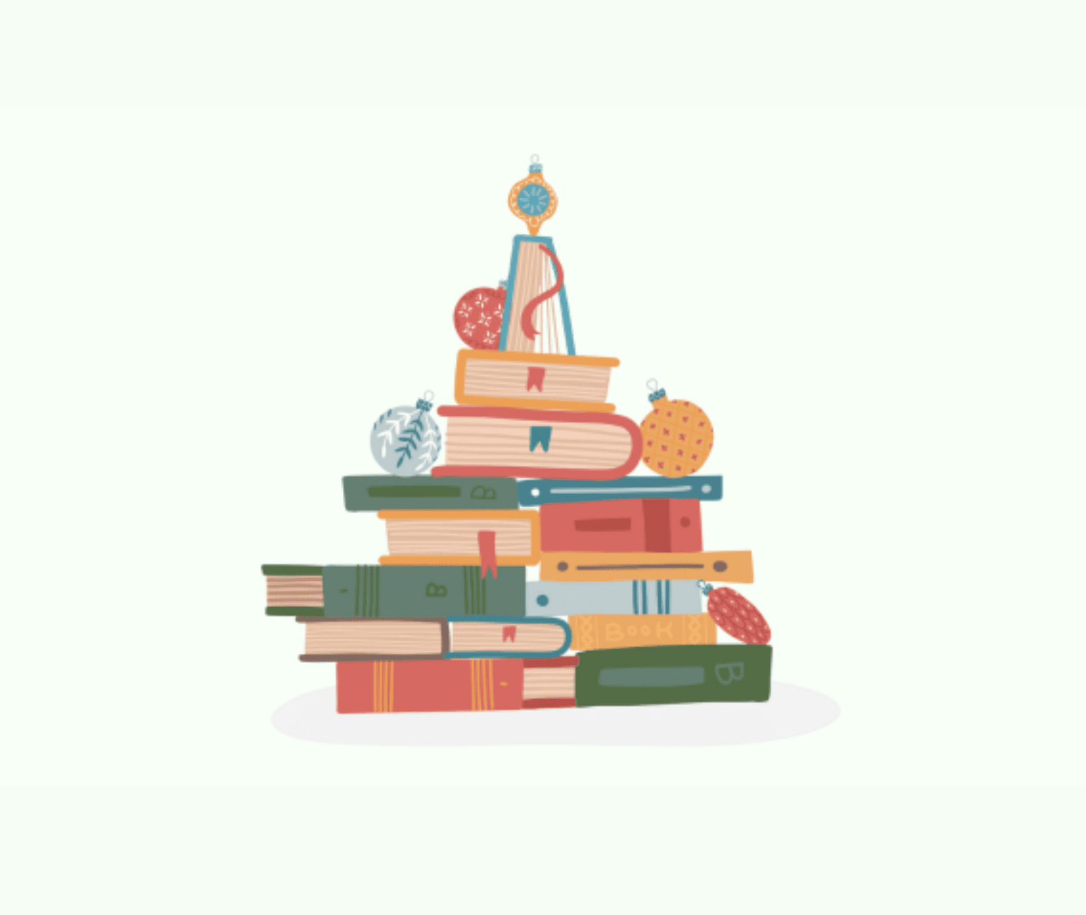 Illustration of a stack of books decorated to resemble a Christmas tree.