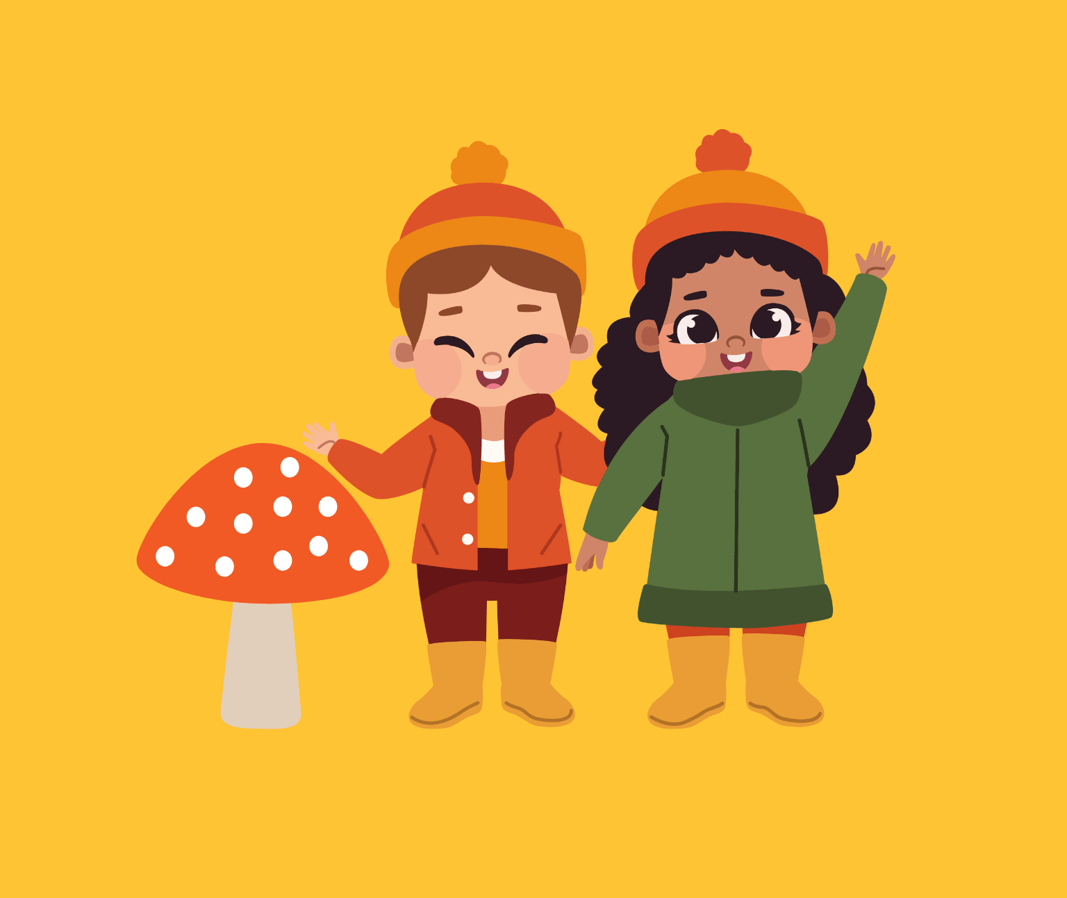 Two children in rainboots, coats and beanies stand beside a big red mushroom.