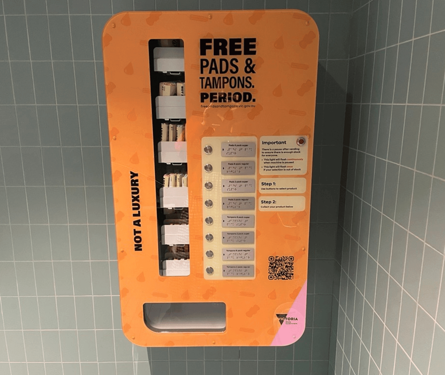 Photo of the free pads and tampons machine.