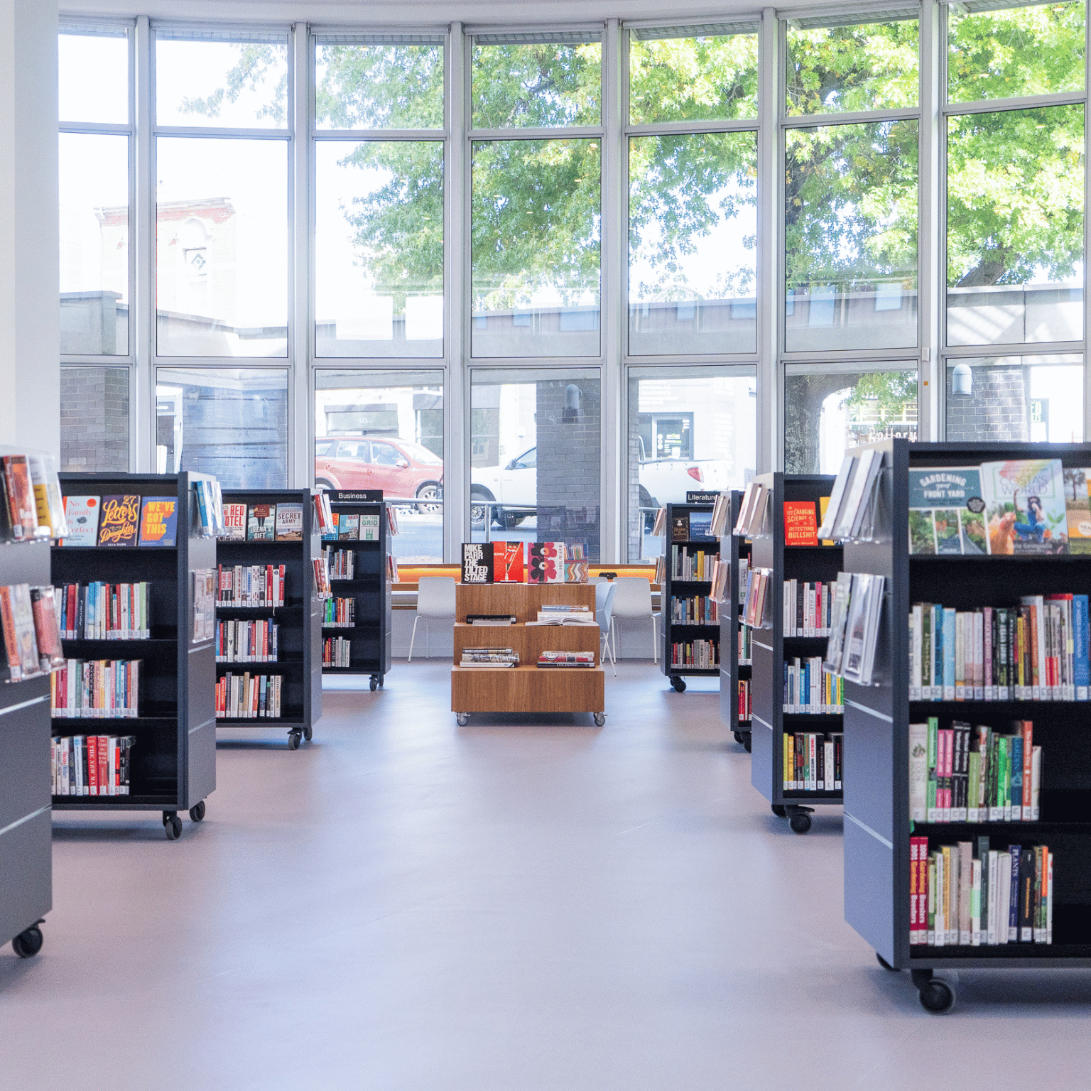 A photo of the light-filled non-fiction area at Ballarat Library.