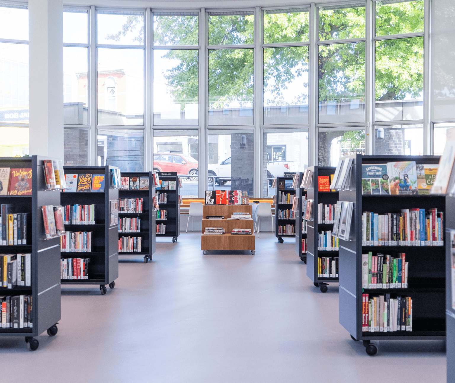 Photo of light-filled Non Fiction area at Ballarat Library.