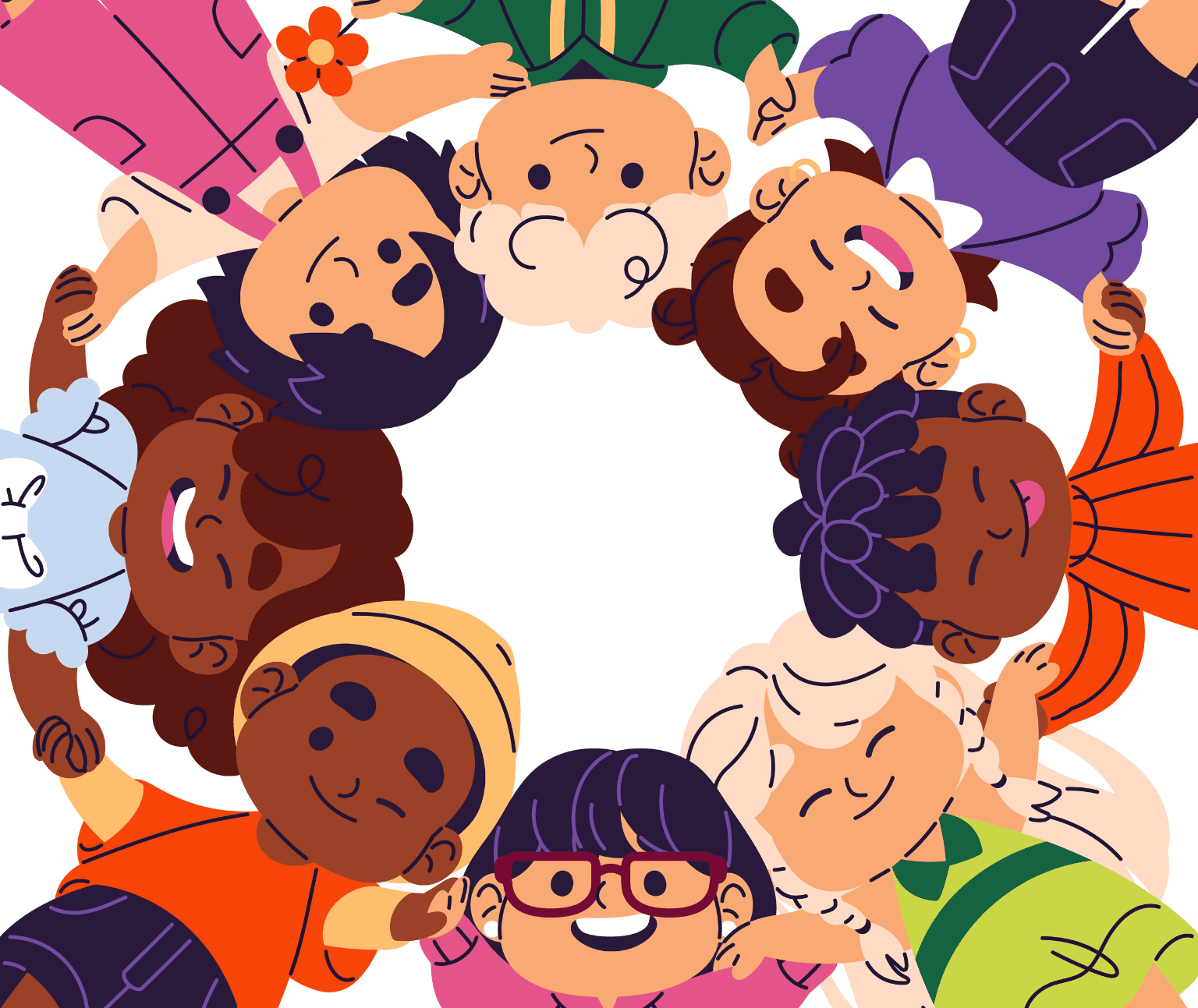 Cartoon image of a circle of children from different cultural backgrounds.