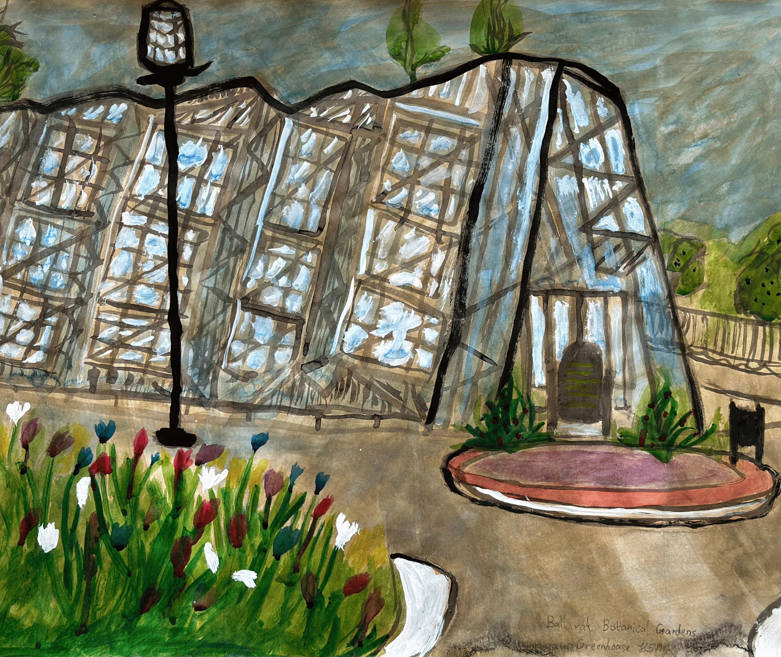 Painting of outside of the Robert Clark Conservatory and surrounding flowerbeds at Ballarat Botanical Gardens.