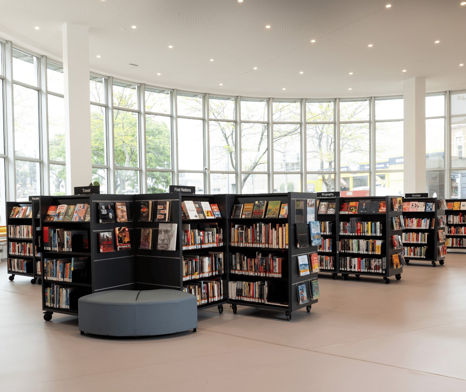 Photo of light-filled Non Fiction area at Ballarat Library.