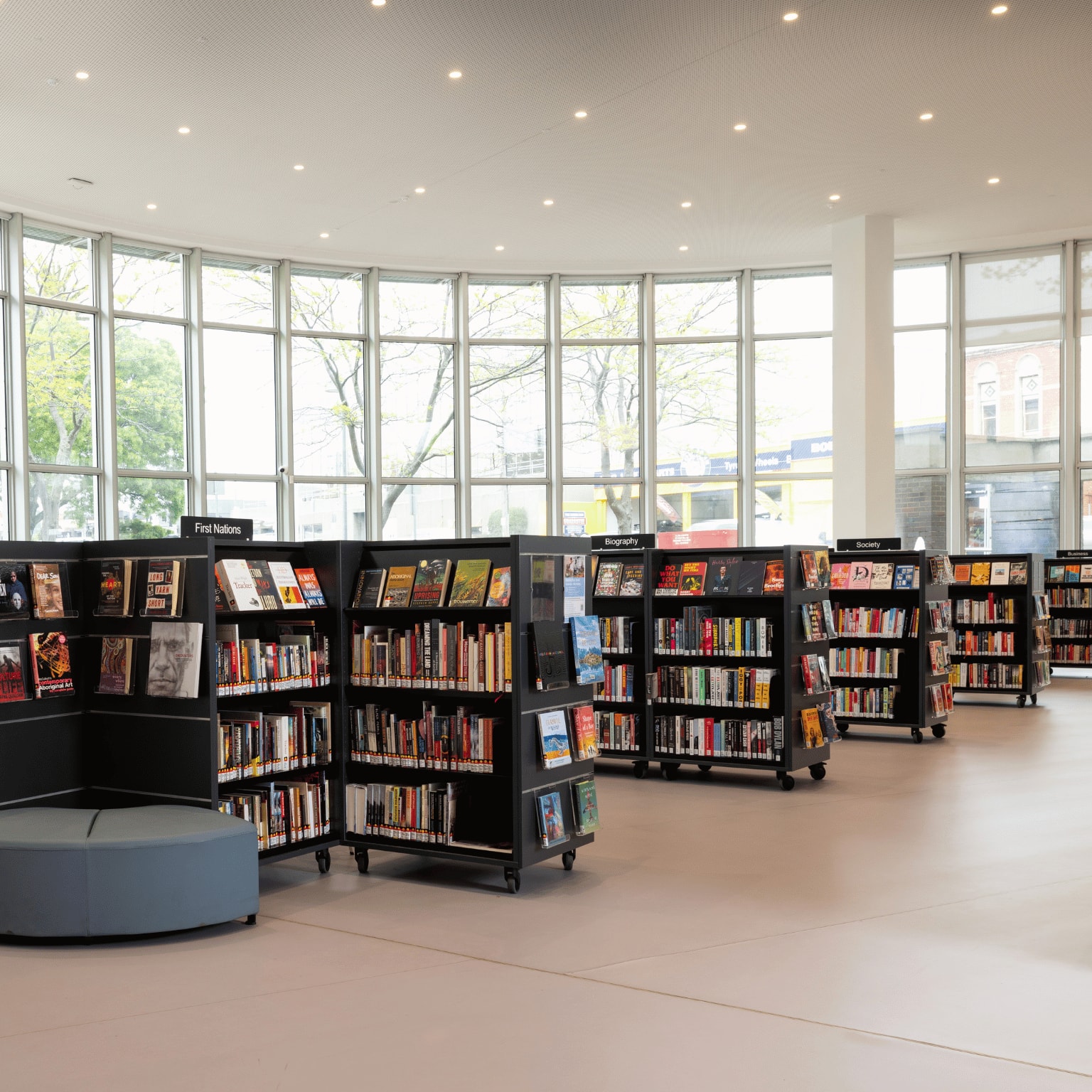 Photo of light-filled Non Fiction area at Ballarat Library.